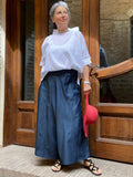 Blue trouser skirt in cotton and vegetable silk